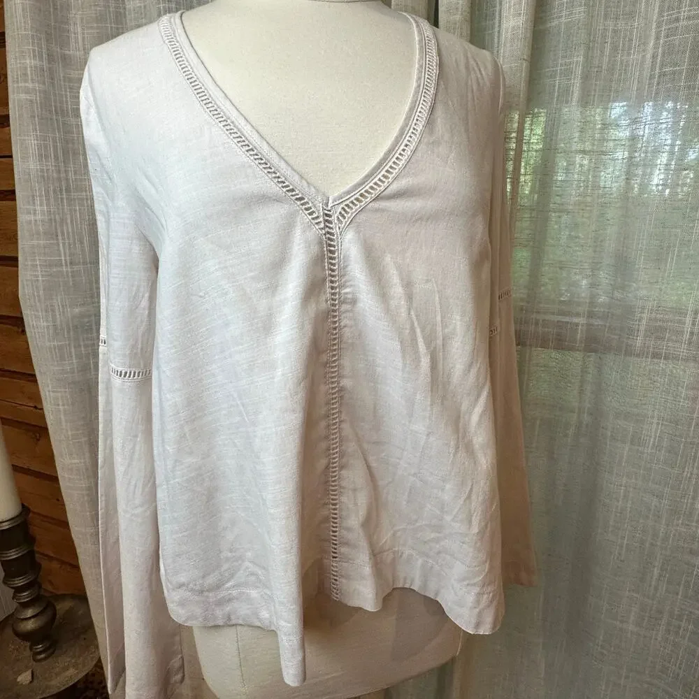 Free People Small Beige V-Neck Long Sleeve